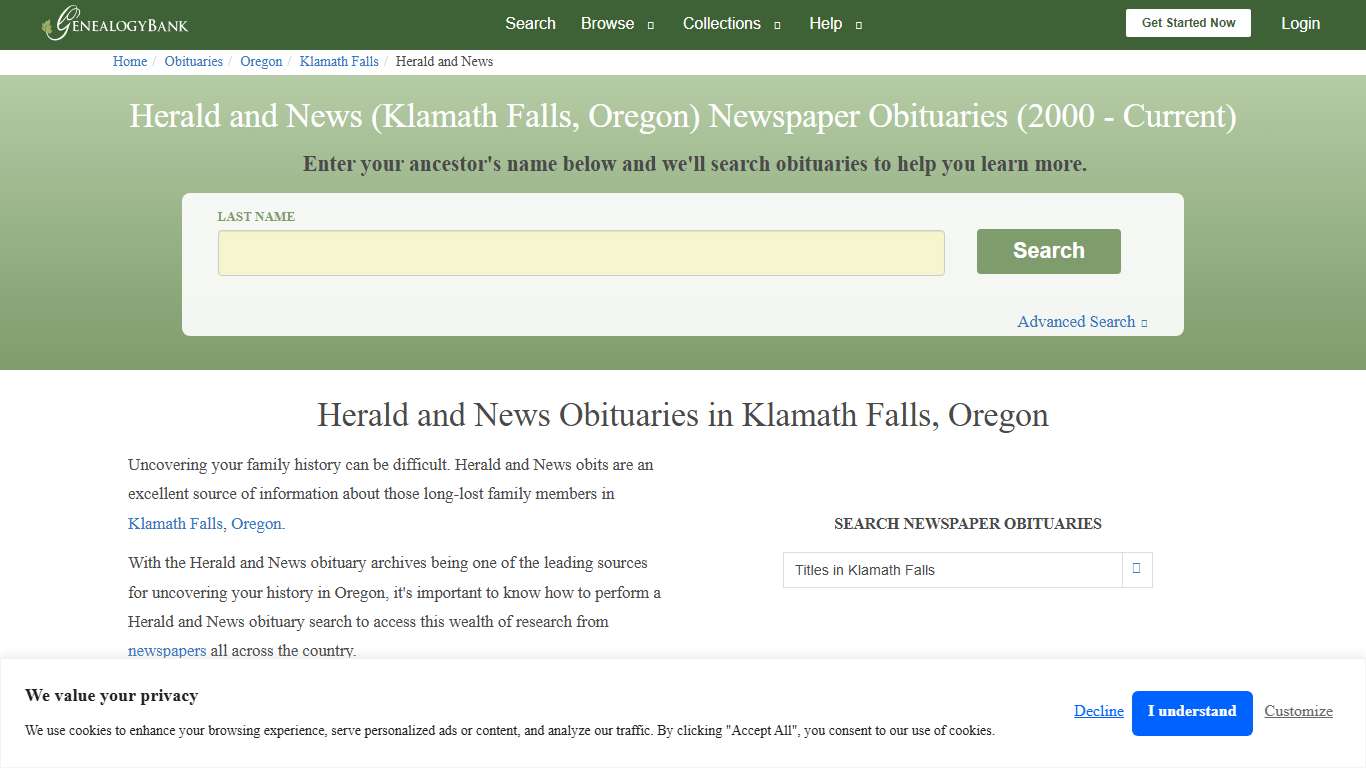Herald and News Obituary Archives Search in Klamath Falls, Oregon | GenealogyBank